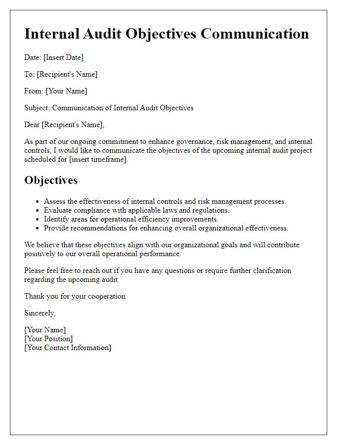 Letter template of internal audit objective communication