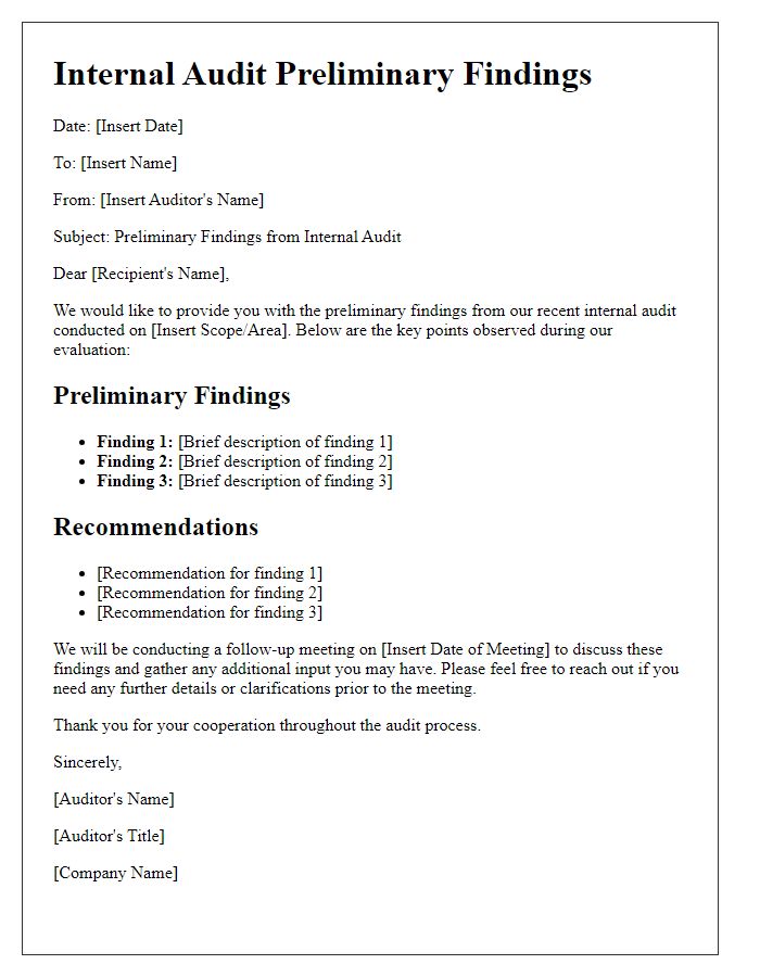 Letter template of internal audit preliminary findings