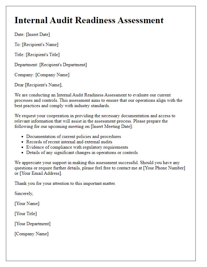 Letter template of internal audit readiness assessment