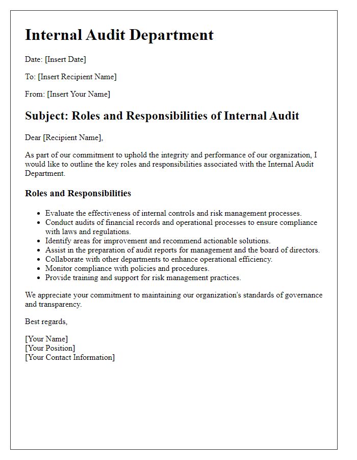 Letter template of internal audit roles and responsibilities