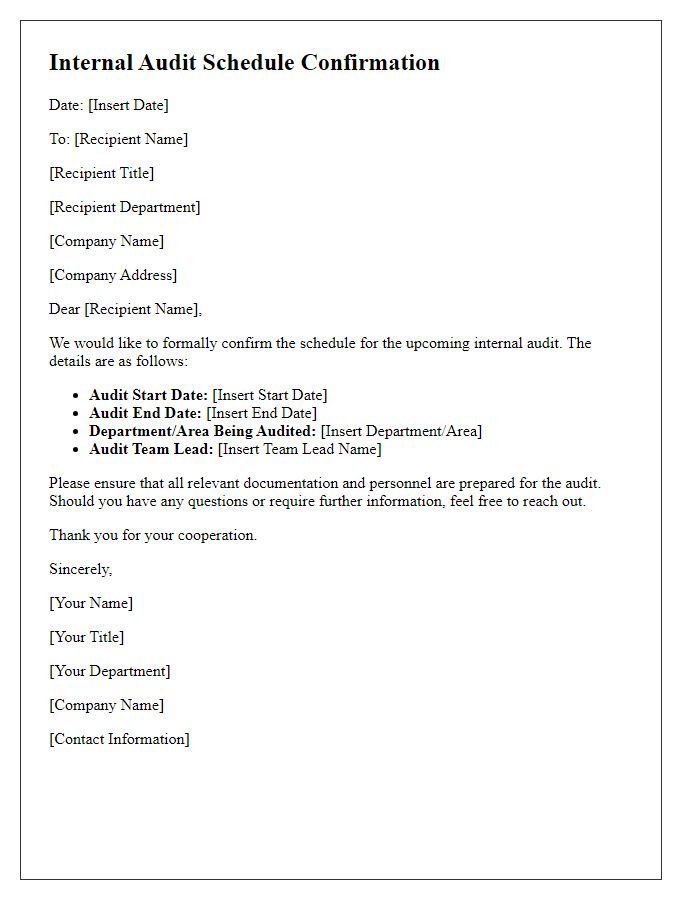 Letter template of internal audit schedule confirmation