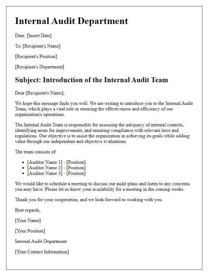 Letter template of internal audit team introduction