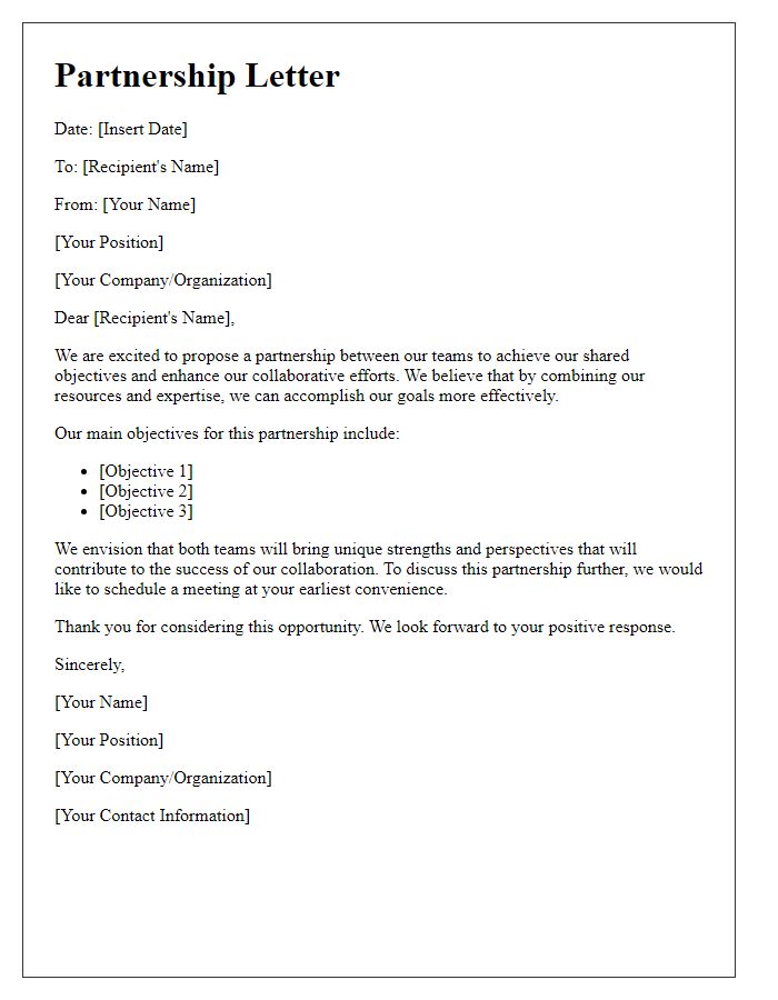 Letter template of team partnership for shared objectives