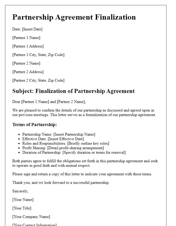 Letter template of partnership agreement finalization