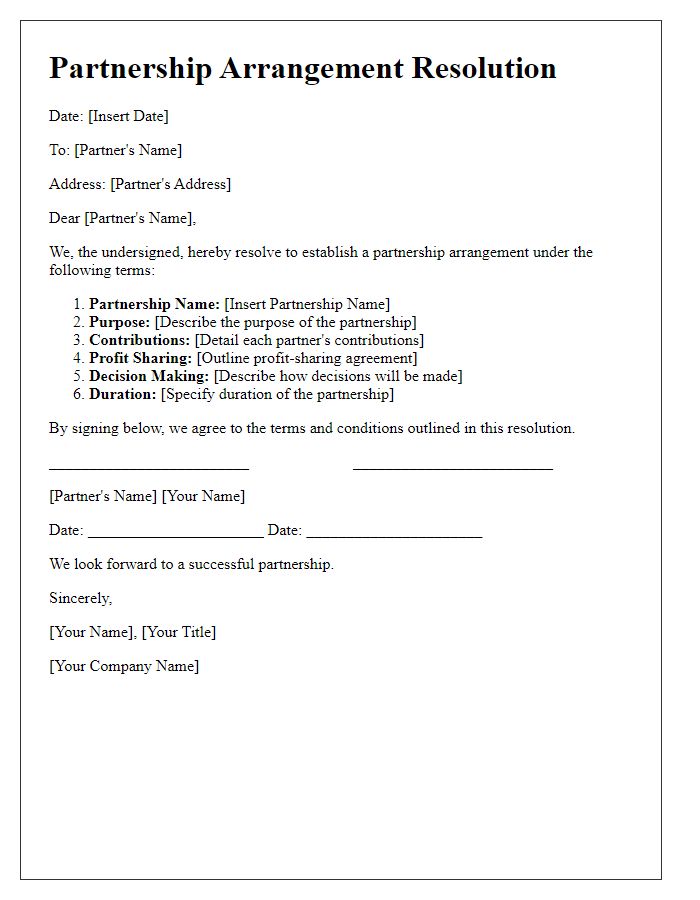 Letter template of partnership arrangement resolution