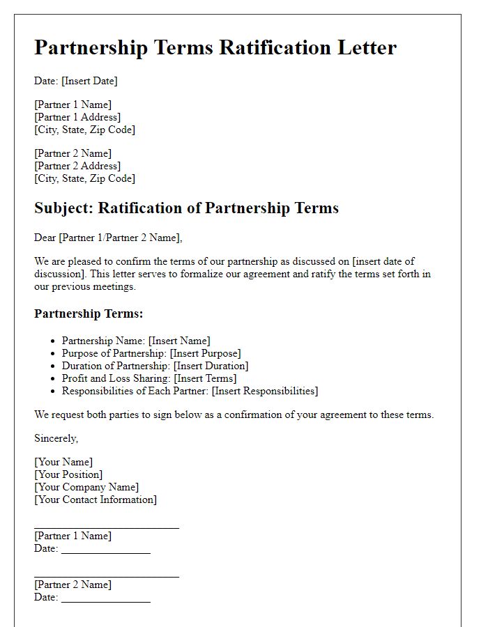 Letter template of partnership terms ratification