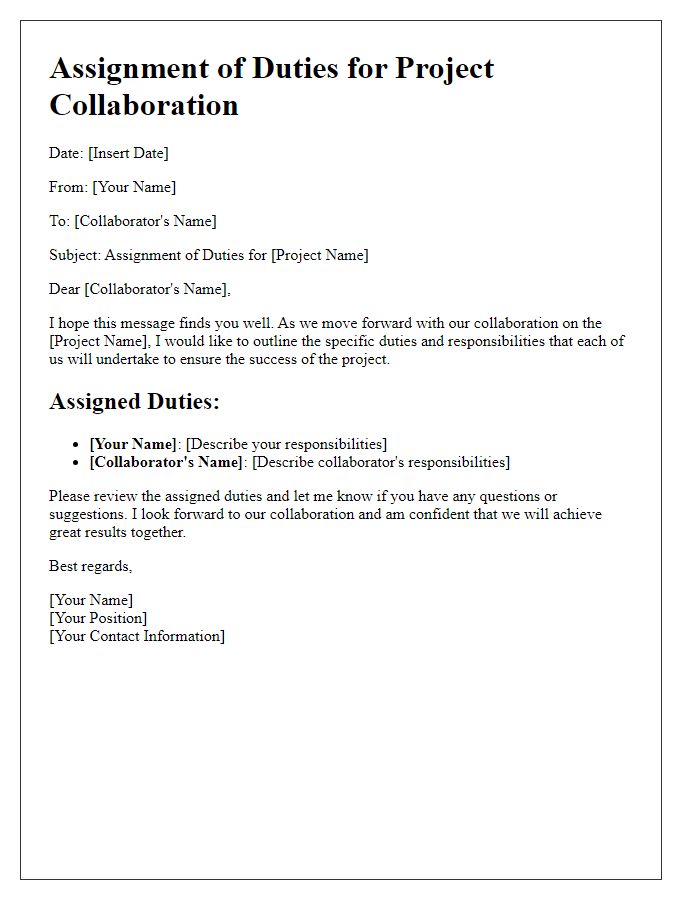 Letter template of assignment of duties for project collaboration