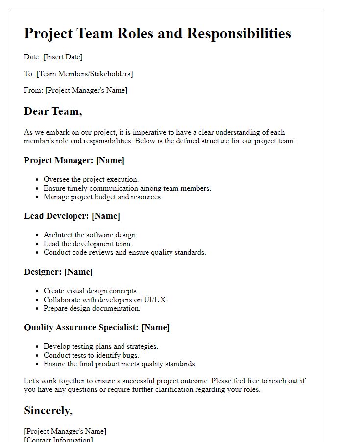 Letter template of defined roles within project team