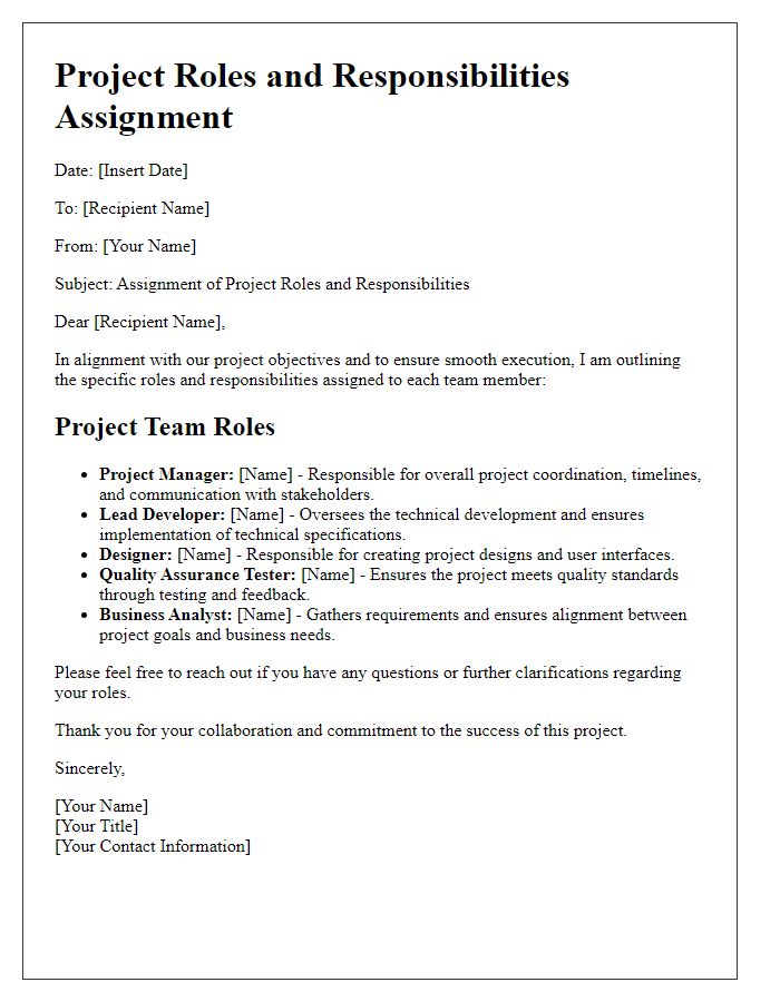 Letter template of project roles and responsibilities assignment