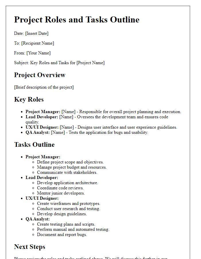 Letter template of project's key roles and tasks outline