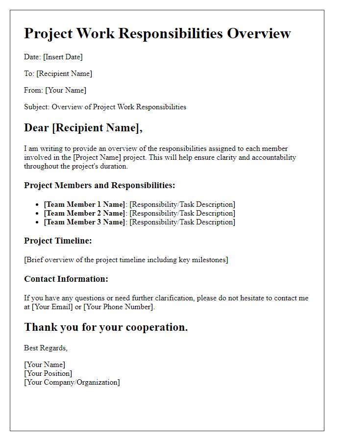 Letter template of project work responsibilities overview