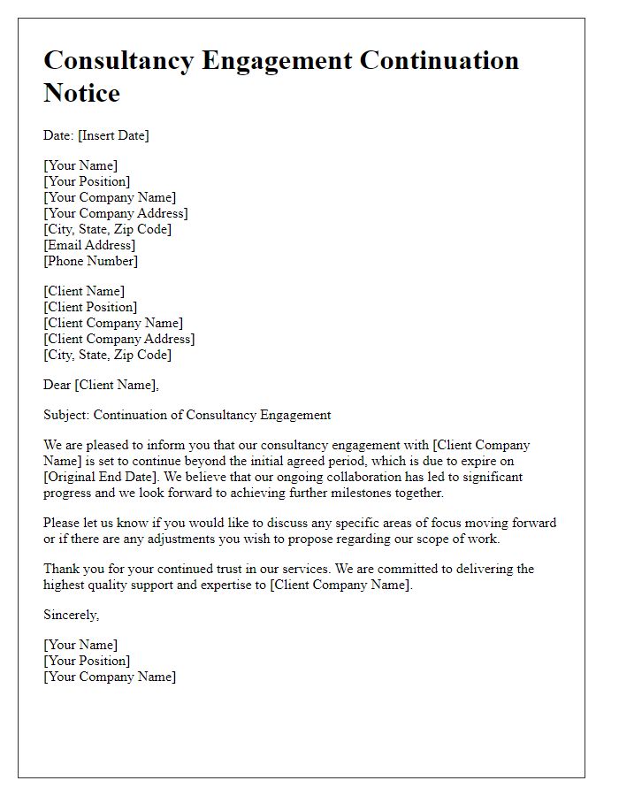 Letter template of consultancy engagement continuation notice