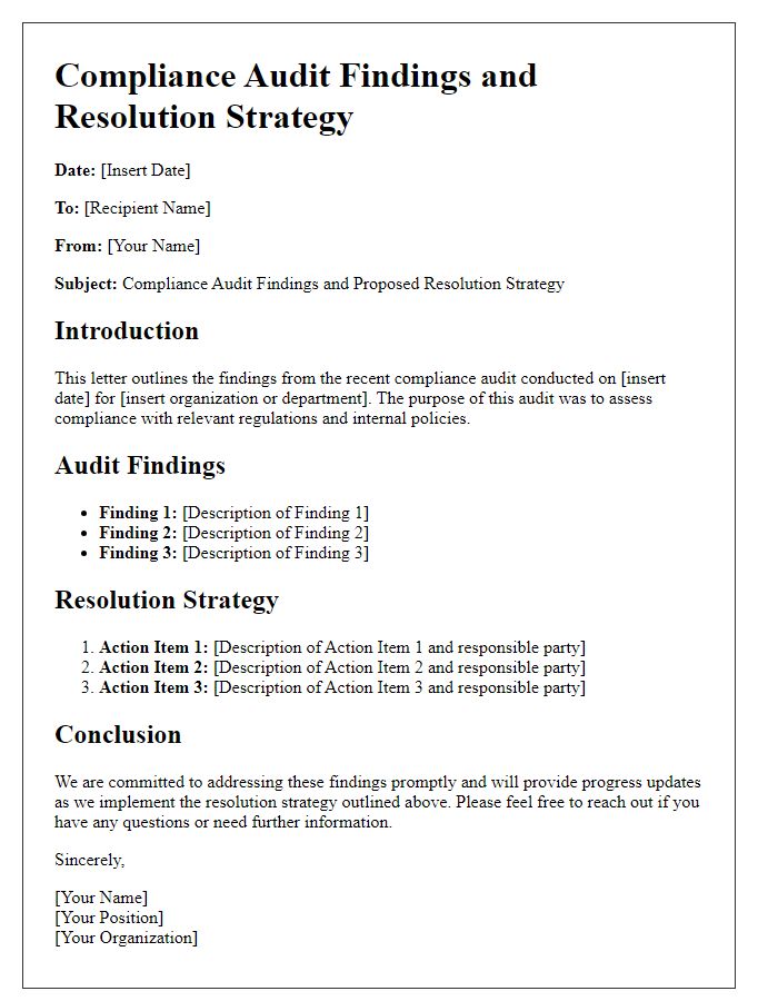 Letter template of compliance audit findings and resolution strategy