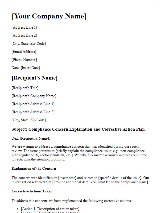 Letter template of compliance concern explanation and corrective action