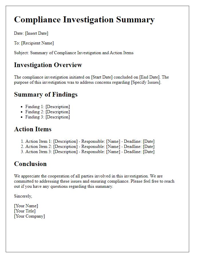 Letter template of compliance investigation summary and action items