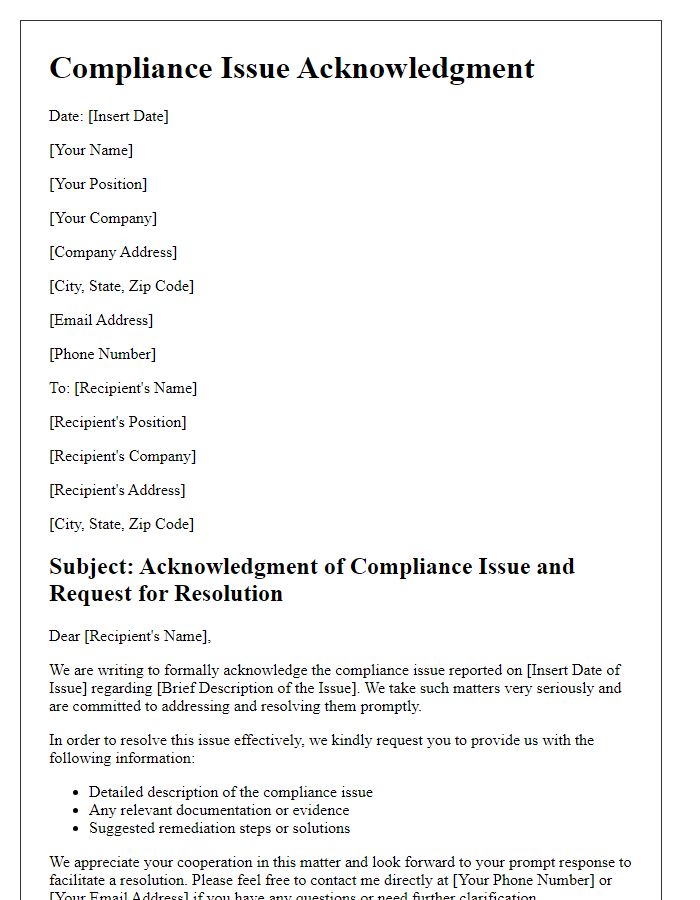 Letter template of compliance issue acknowledgment and resolution request