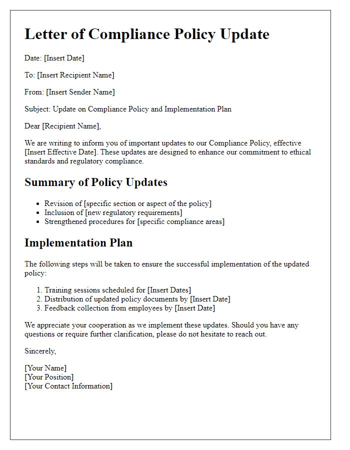 Letter template of compliance policy update and implementation plan