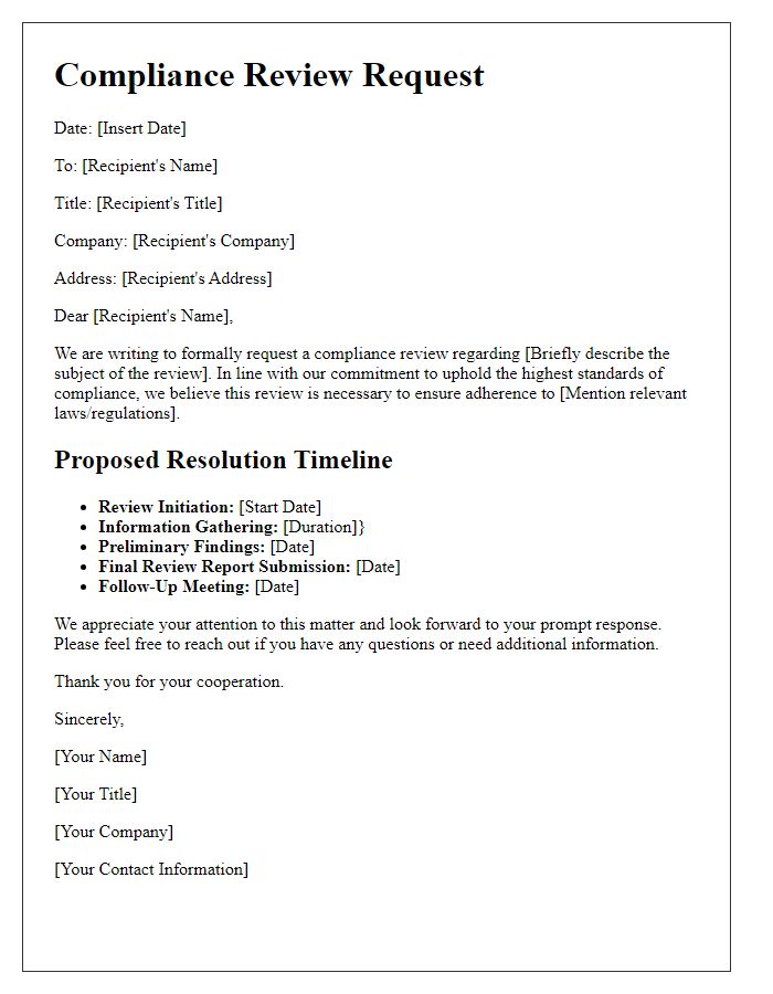 Letter template of compliance review request and resolution timeline