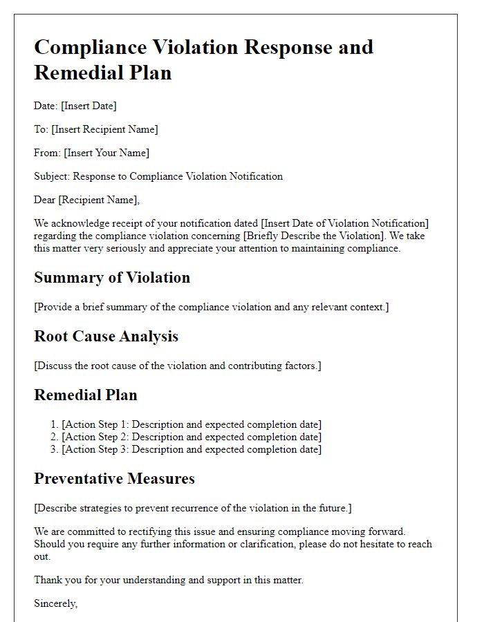 Letter template of compliance violation response and remedial plan