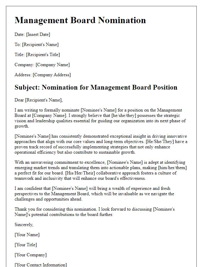 Letter template of management board nomination emphasizing strategic vision