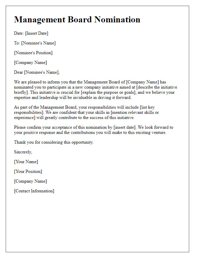 Letter template of management board nomination for a new company initiative