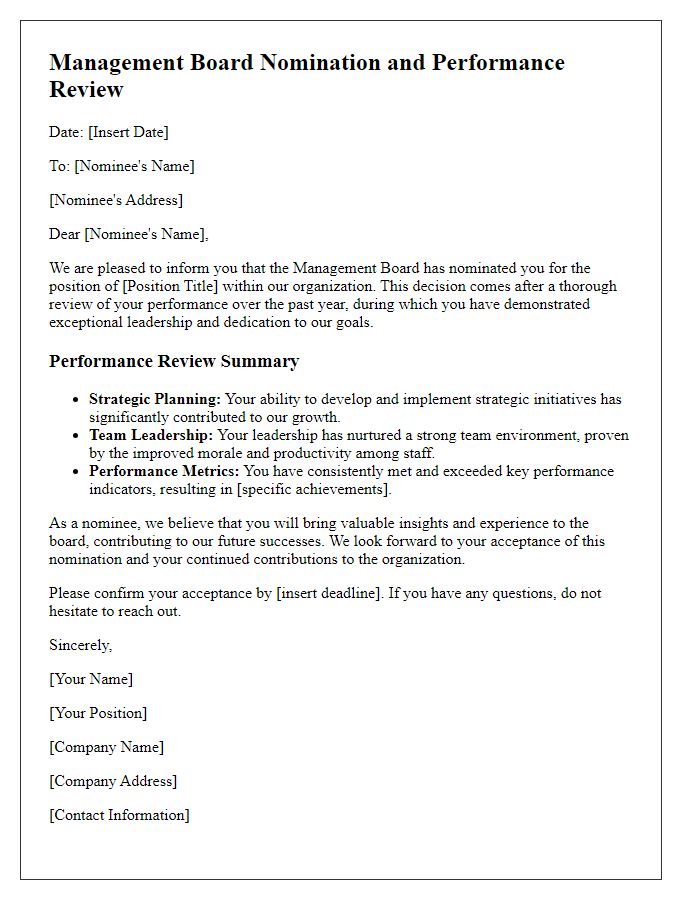 Letter template of management board nomination with a performance review