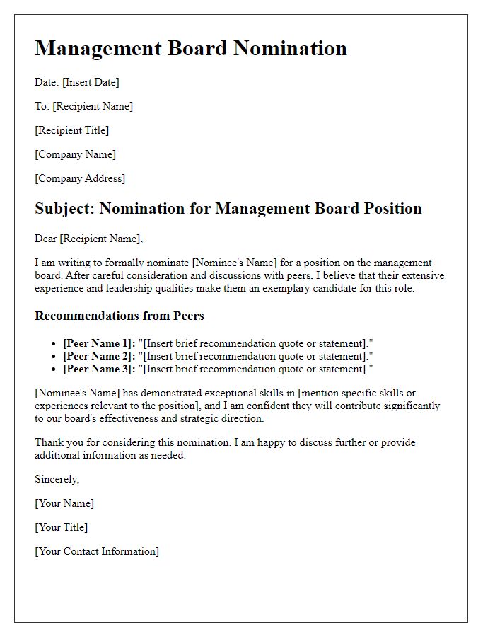 Letter template of management board nomination with recommendations from peers