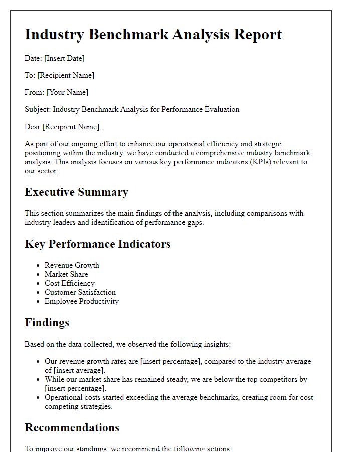 Letter template of industry benchmark analysis for performance evaluation.