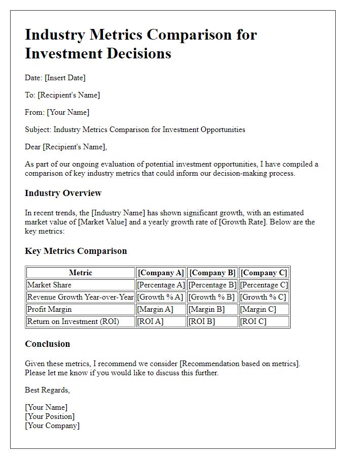 Letter template of industry metrics comparison for investment decisions.