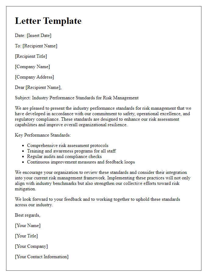 Letter template of industry performance standards for risk management.