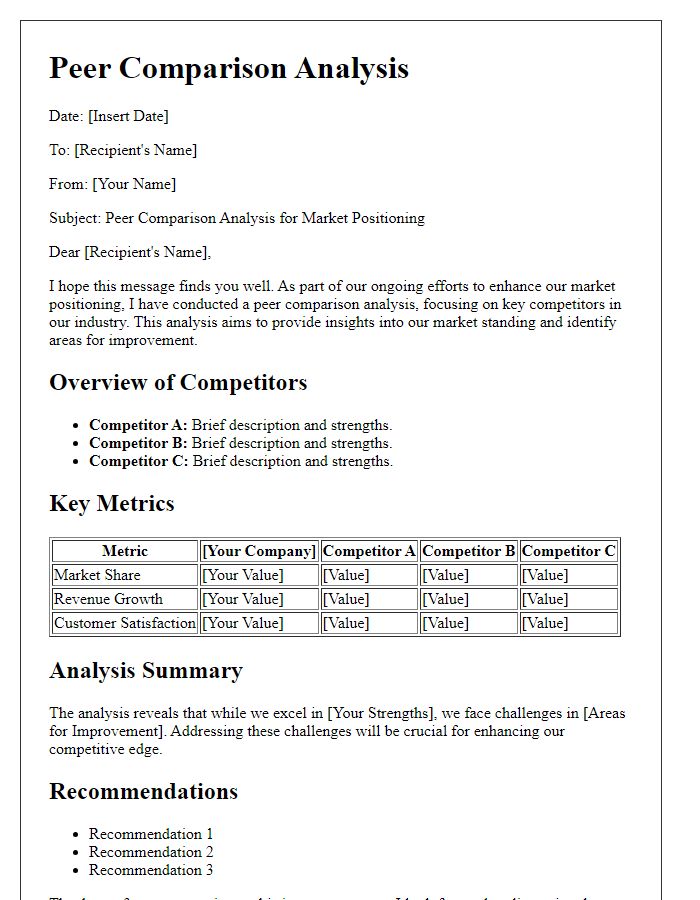 Letter template of peer comparison analysis for market positioning.