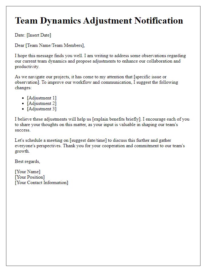 Letter template of team dynamics adjustment