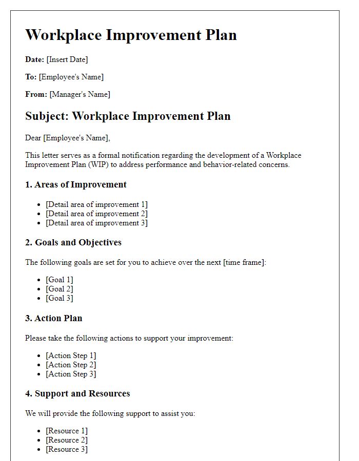 Letter template of workplace improvement plan