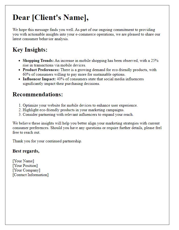 Letter template of Consumer Behavior Insights for Clients in E-commerce