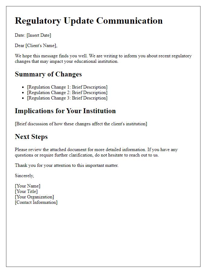 Letter template of Regulatory Update Communication for Clients in Education