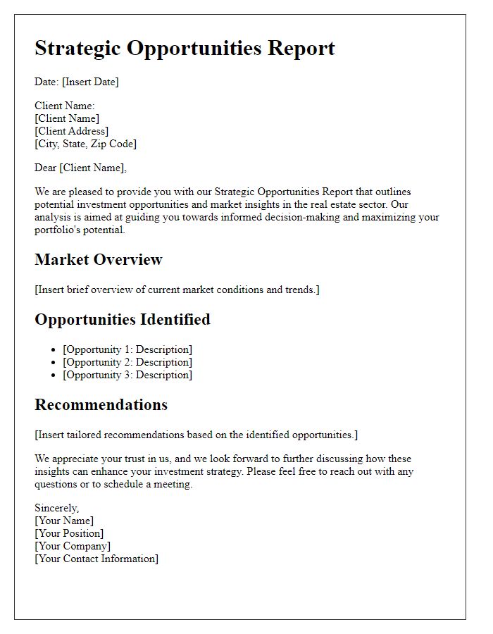 Letter template of Strategic Opportunities Report for Clients in Real Estate