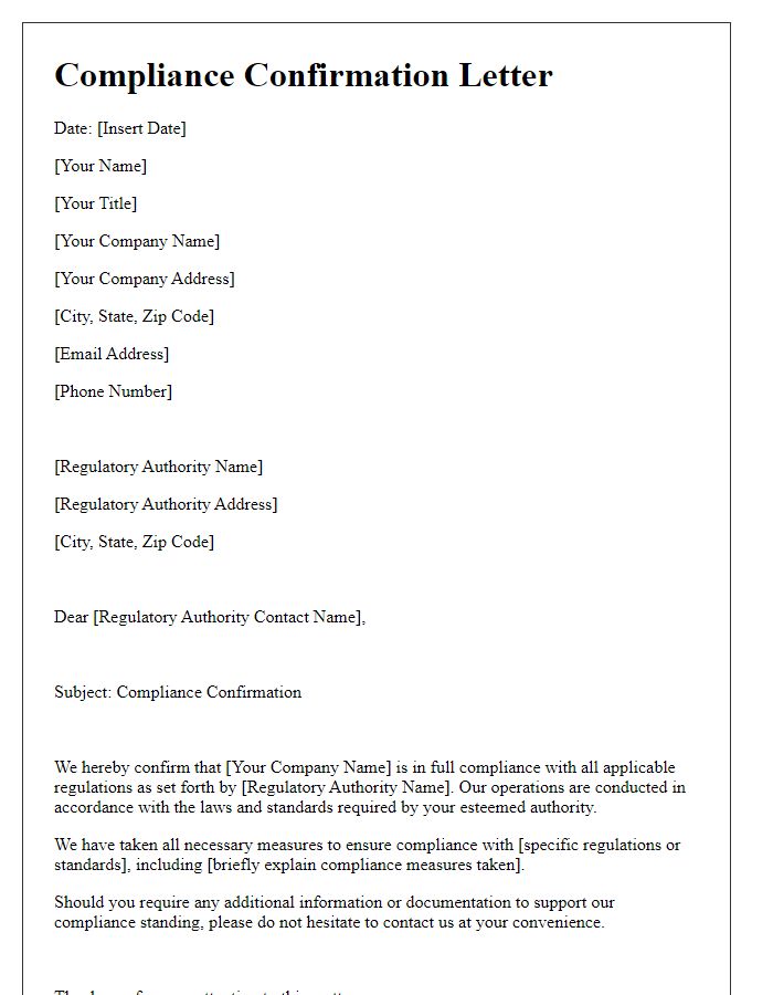 Letter template of compliance confirmation for regulatory authorities