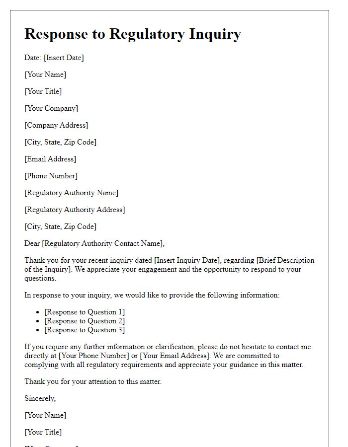 Letter template of external regulatory inquiry response