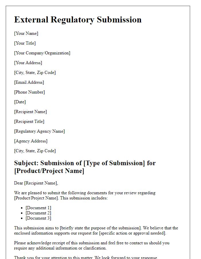 Letter template of external regulatory submission