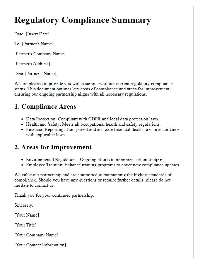 Letter template of regulatory compliance summary for partners