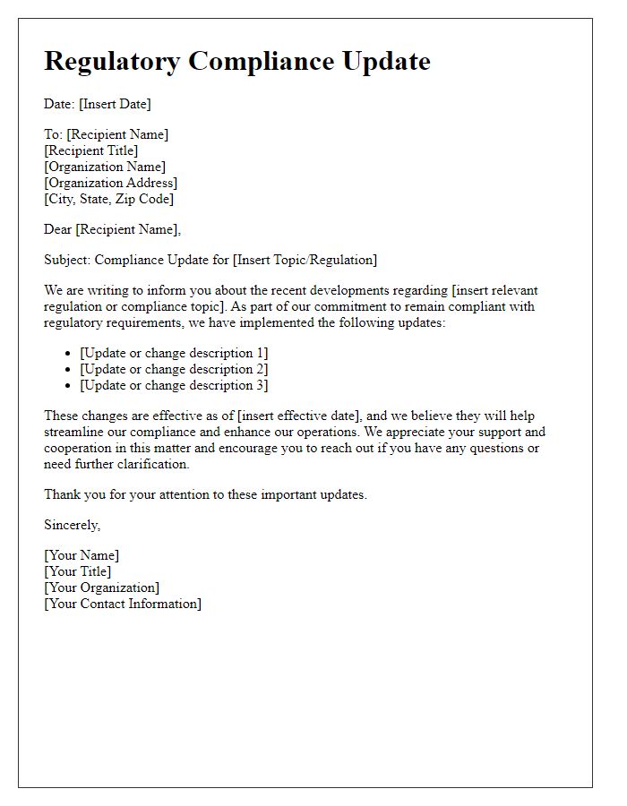 Letter template of regulatory correspondence for compliance updates