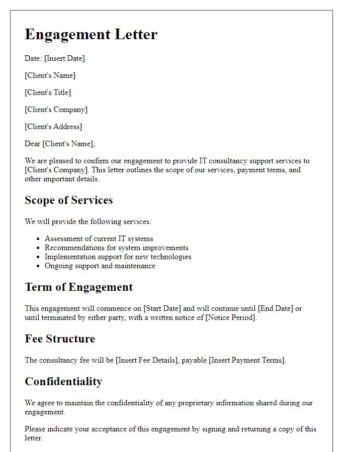 Letter template of engagement for IT consultancy support.