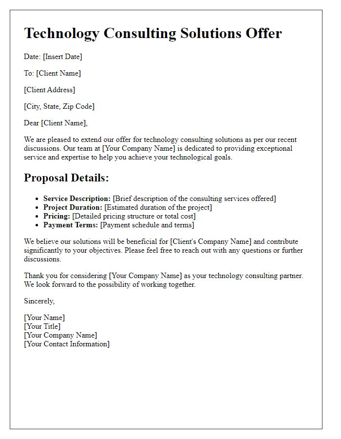 Letter template of offer for technology consulting solutions.