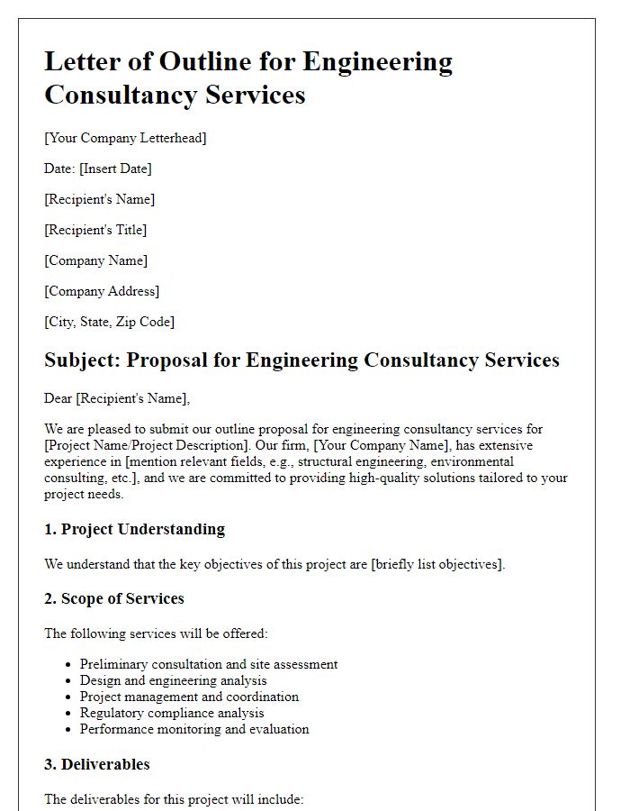 Letter template of outline for engineering consultancy services.