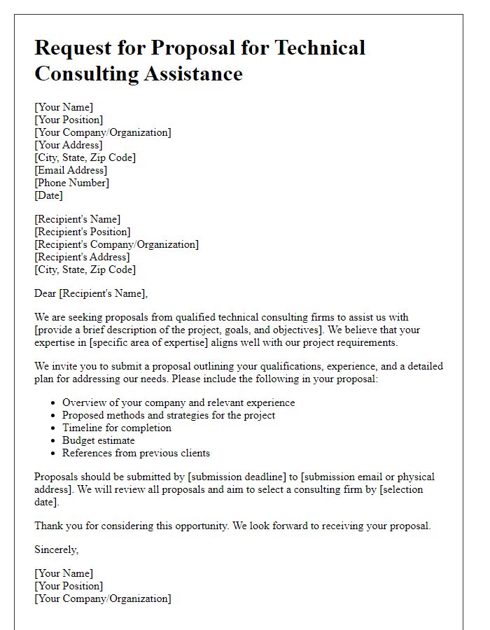 Letter template of request for proposal for technical consulting assistance.