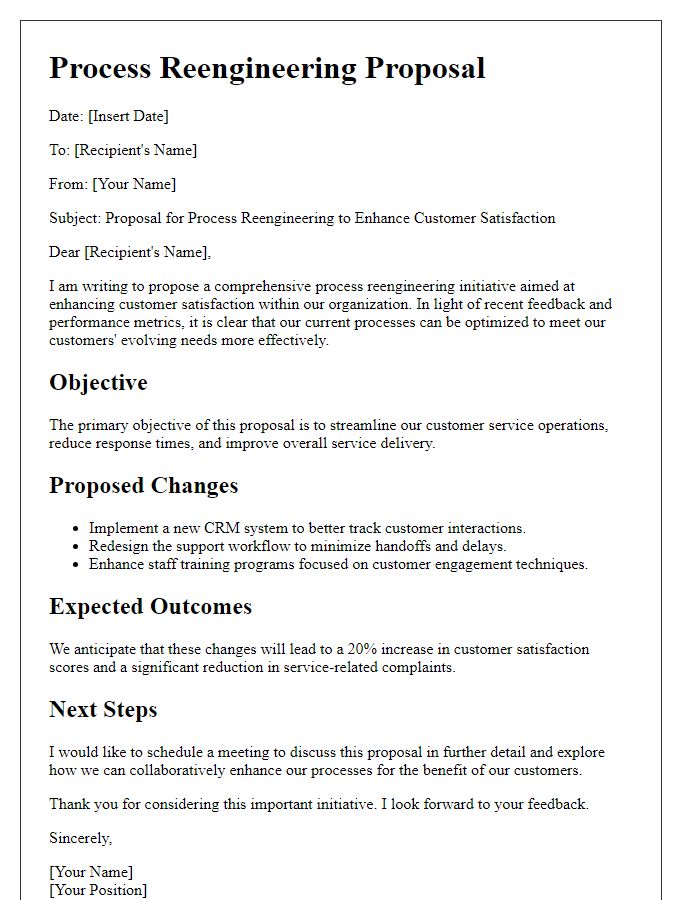 Letter template of process reengineering proposal aimed at improving customer satisfaction.