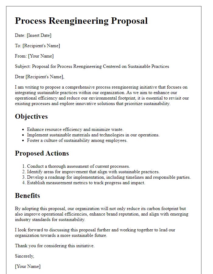 Letter template of process reengineering proposal centered on sustainable practices.