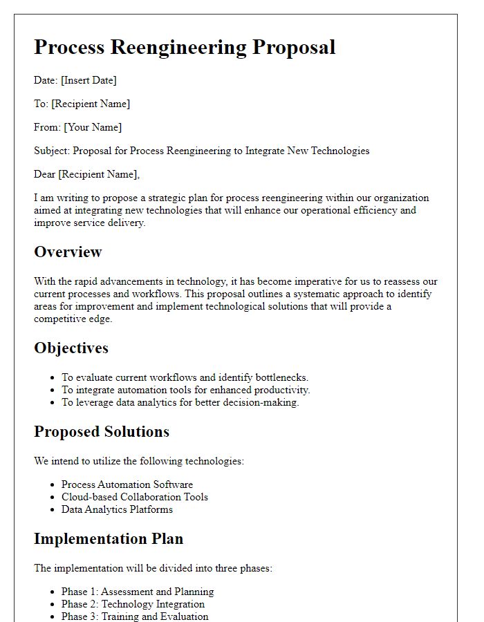 Letter template of process reengineering proposal designed to integrate new technologies.