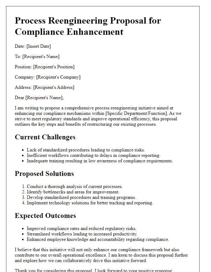 Letter template of process reengineering proposal intended for compliance enhancement.