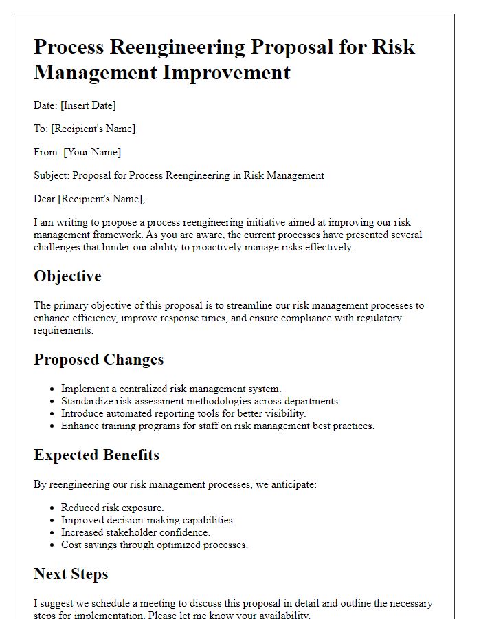 Letter template of process reengineering proposal for risk management improvement.